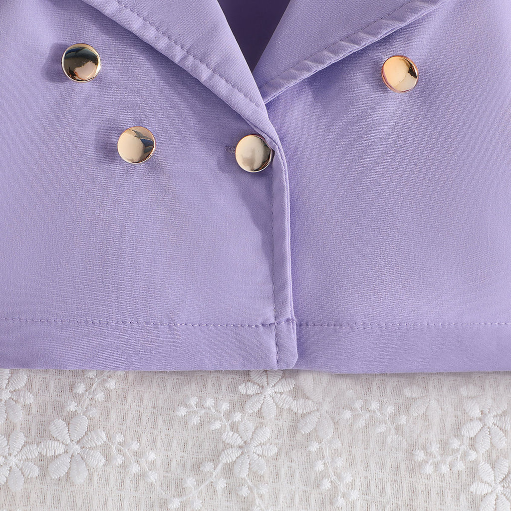 Girls Purple Solid Blazer Shrug With Butterfly Applique Tulle Overlay Fit And Flared Dress Casual Dresses