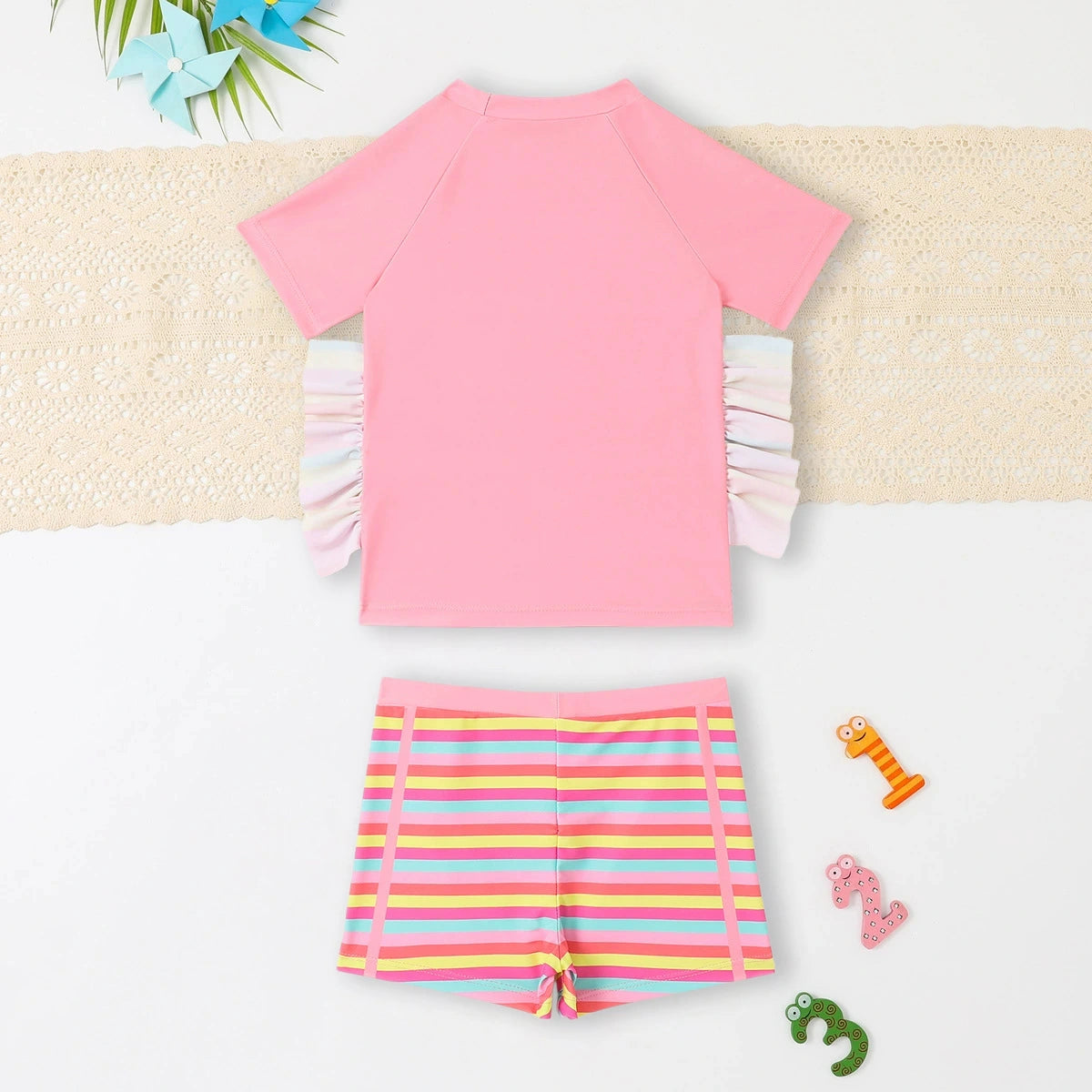 Girls Pink Unicorn Printed T-Shirt With Stripes Shorts Swimwear Sets Sets