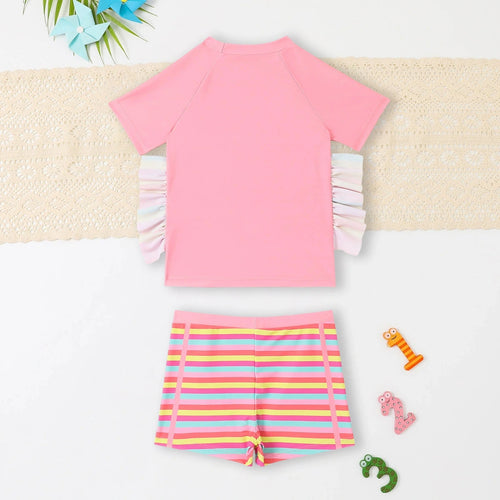 Girls Pink Unicorn Printed T-Shirt With Stripes Shorts Swimwear Sets Sets