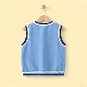 Boys Light Blue Sweater Vest With Self-Design Crane Pattern Sweaters & Cardigans