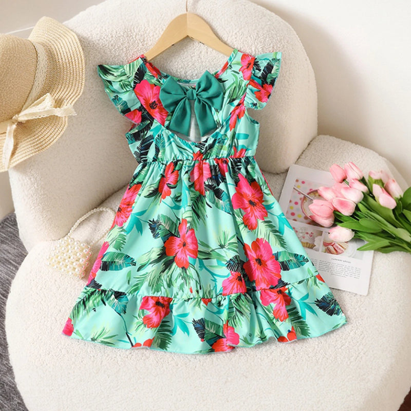 Girls Sea Green Tropical Floral Print Flutter Sleeve A-Line Dress Casual Dresses