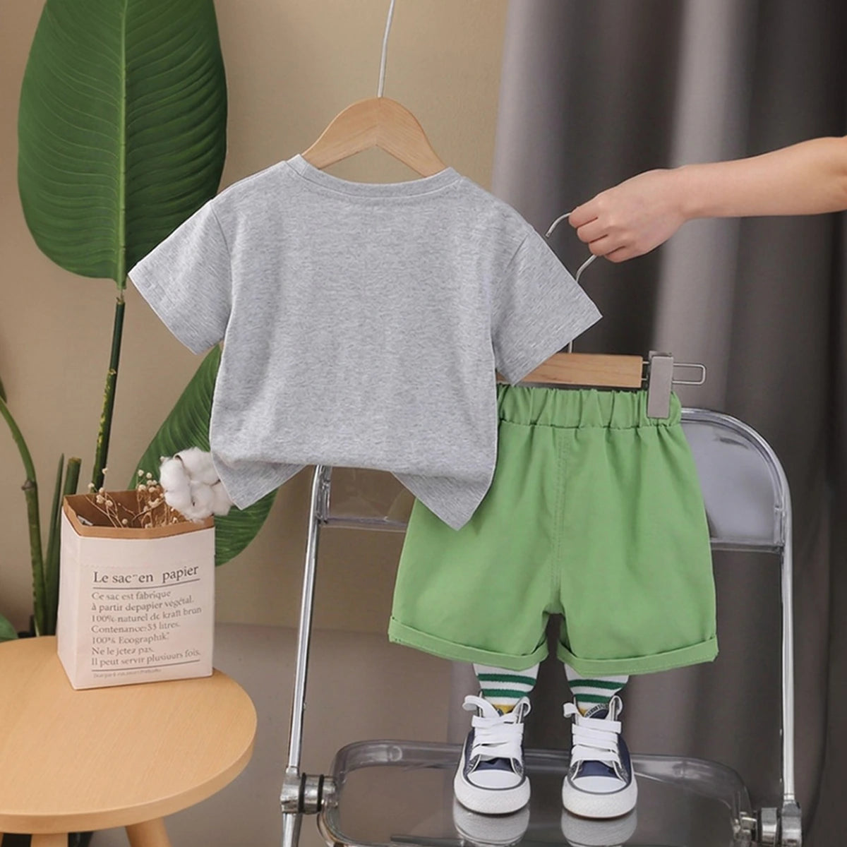 Boys Light Grey Dinosaur Graphic Short Sleeve T-Shirt With Shorts Sets 2 pc. Sets