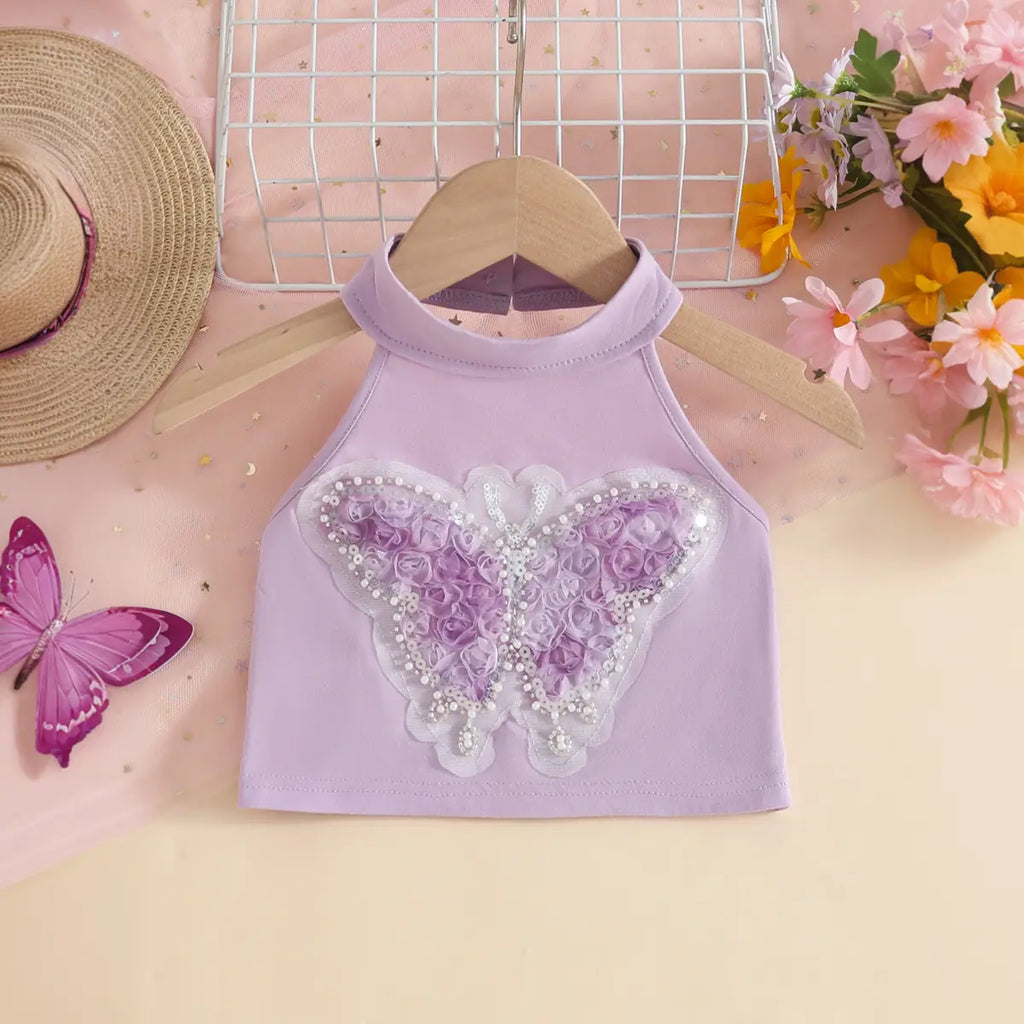 Girls Purple Butterfly Applique Halter Top With Tiered Tulle Tutu Skirt Sets Sets