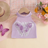 Girls Purple Butterfly Applique Halter Top With Tiered Tulle Tutu Skirt Sets Sets