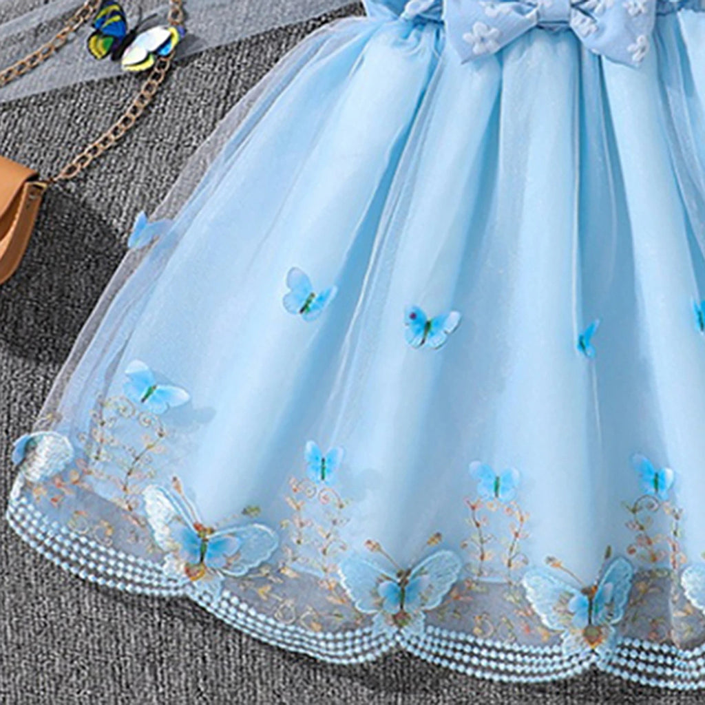 Girls Sky Blue Butterfly Applique Flutter Sleeve Fit & Flare Party Dress Party Dresses