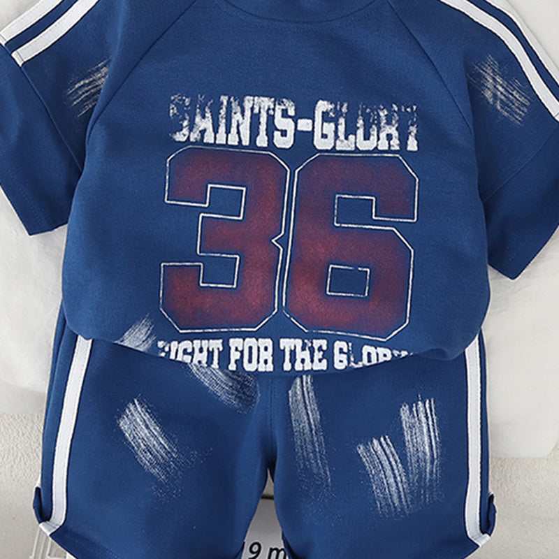 Boys Blue Shoulder Striped Raglan Sleeves T-Shirt With Shorts Set 2 pc. Sets