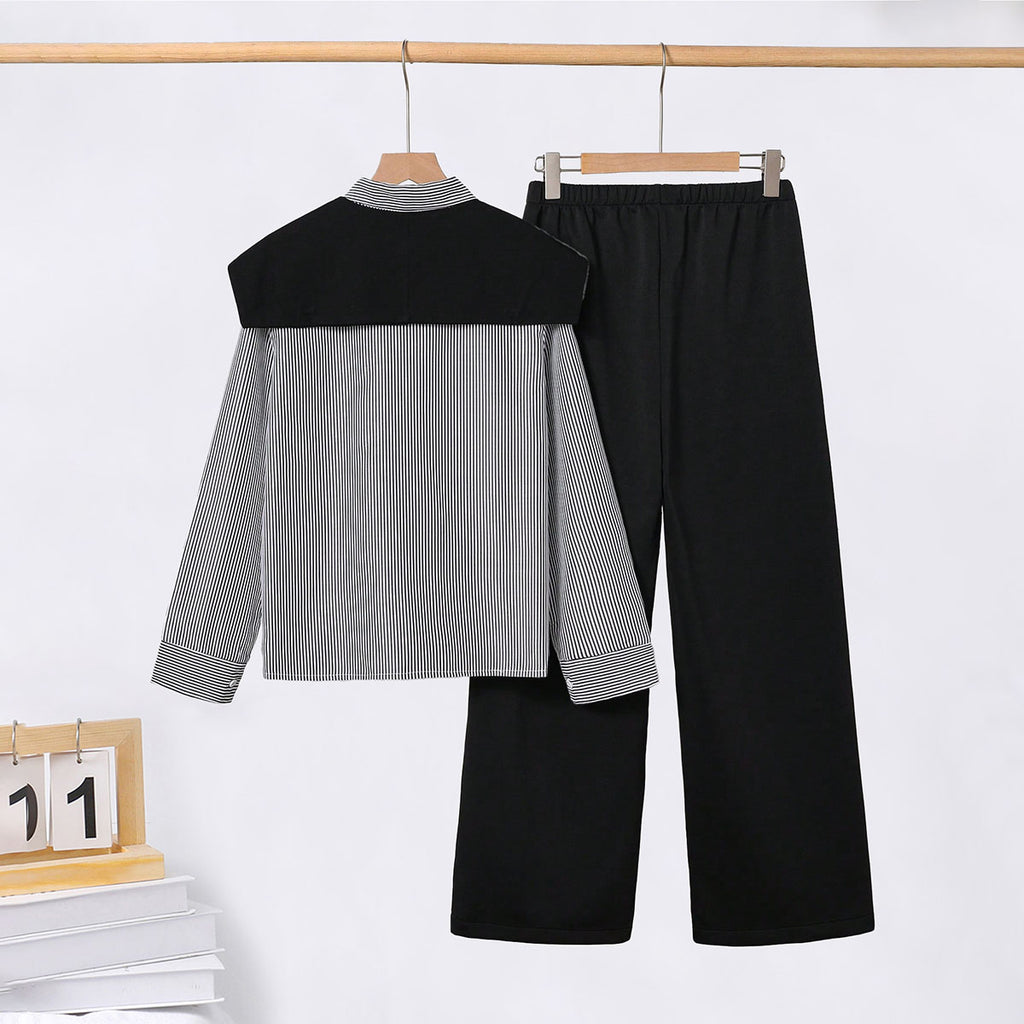 Girls Black Striped Shirt with Scarf and Straight Fit Pants Sets Sets