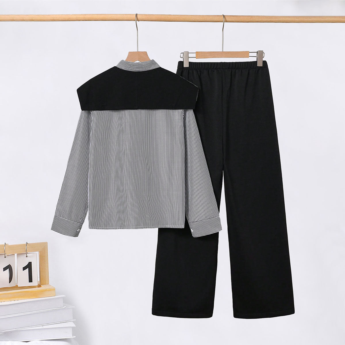 Girls Black Striped Shirt with Scarf and Straight Fit Pants Sets Sets