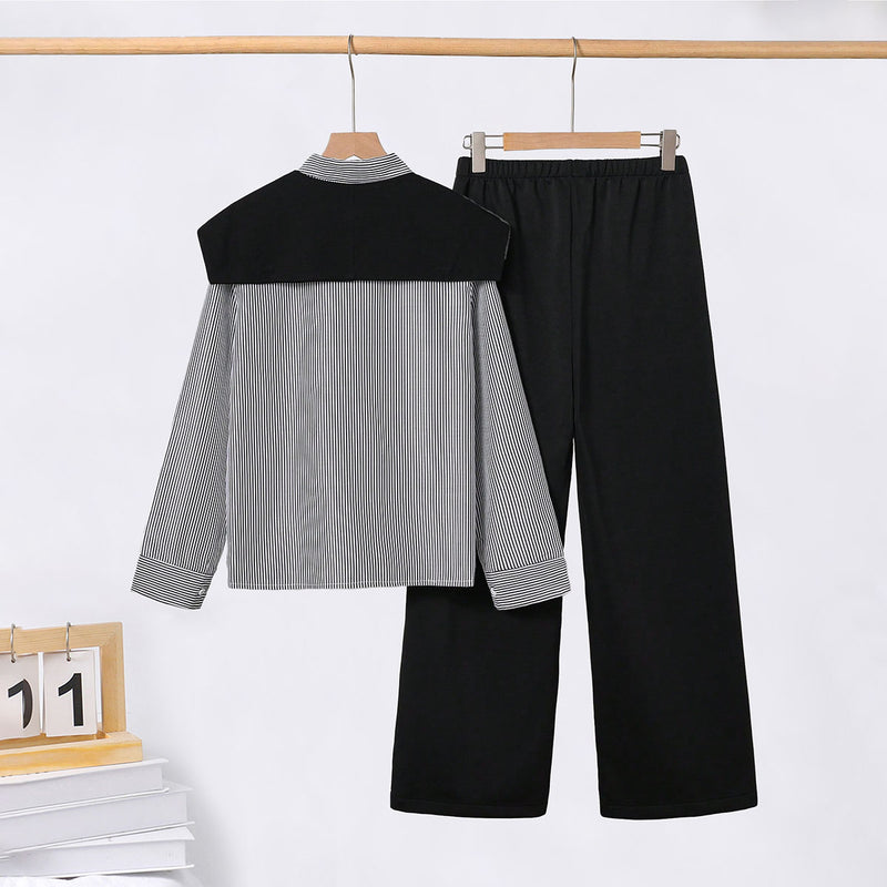 Girls Black Striped Shirt with Scarf and Straight Fit Pants Sets Sets