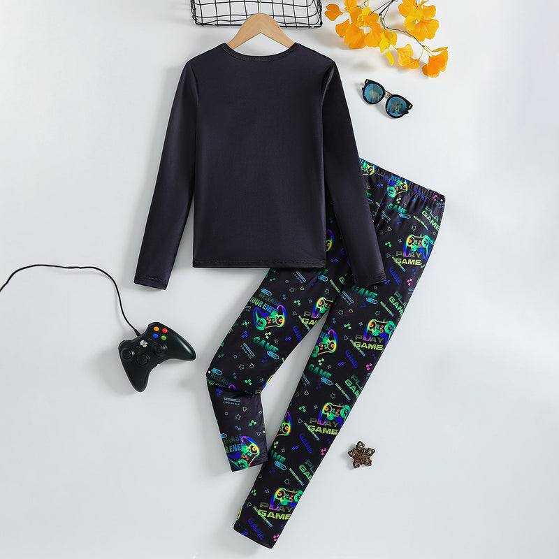 Boys Black Gaming Printed Glow in the Dark T-Shirt & Pajama Winter Set 2 pc. Sets