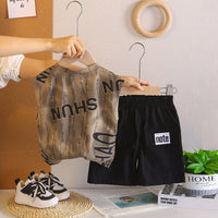 Boys Brown Typographic Printed Sleeveless T-Shirt With Shorts Sets Sets