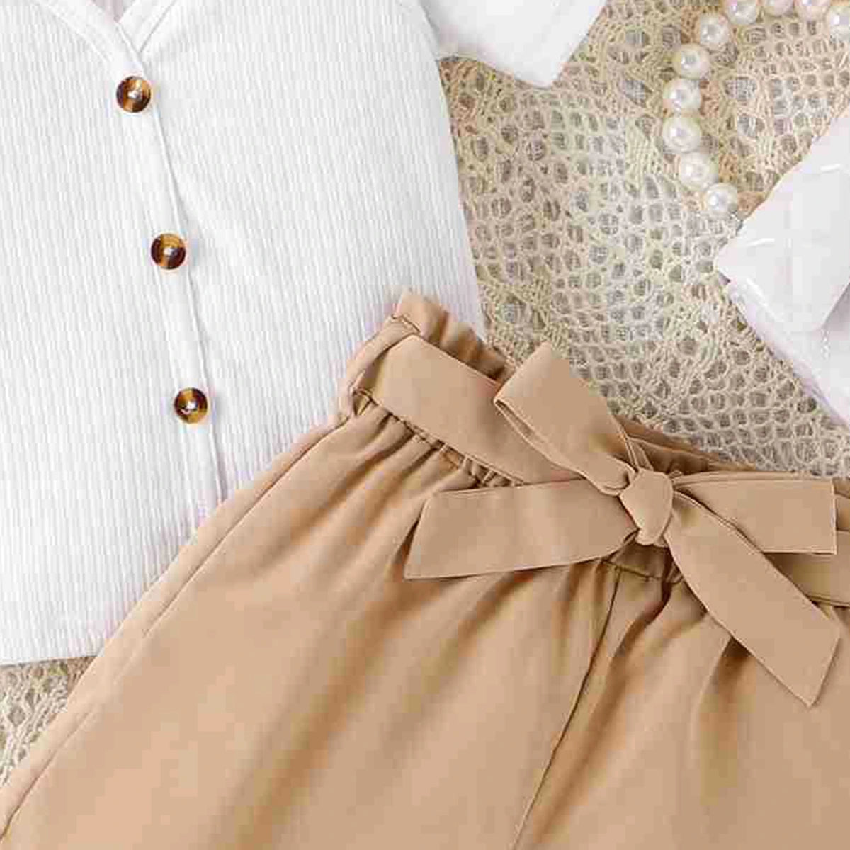 Girls White Textured Cold Shoulder Top With Shorts Sets 2 pc. Sets