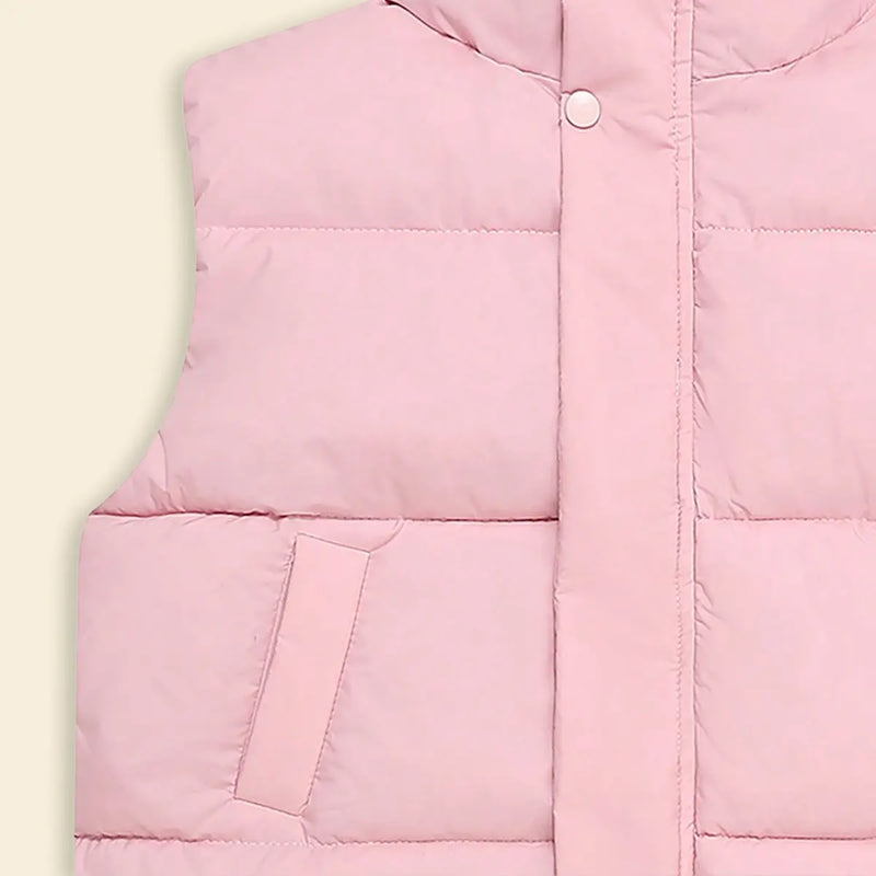 Girls Pink Quilted Puffer Vest With Stand-up Collar Coats & Jackets