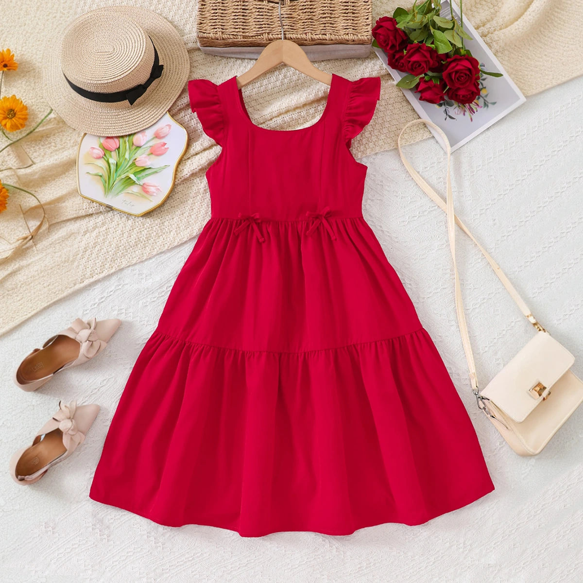 Girls Red Solid Summer Tiered Dress With Bow Details Casual Dresses Red 7-8 Y