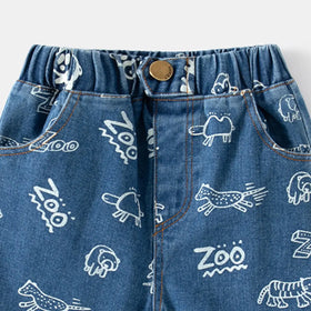 Boys Blue Animal Cartoon Printed Denim Shorts Shorts