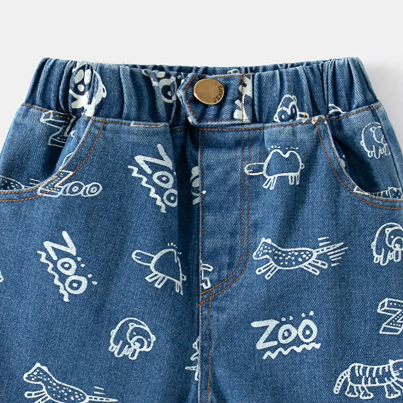 Boys Blue Animal Cartoon Printed Denim Shorts Shorts