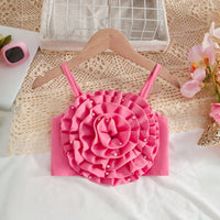 Girls Fuchsia Embellished Big 3D Flower Crop Top With Denim Shorts Set Sets