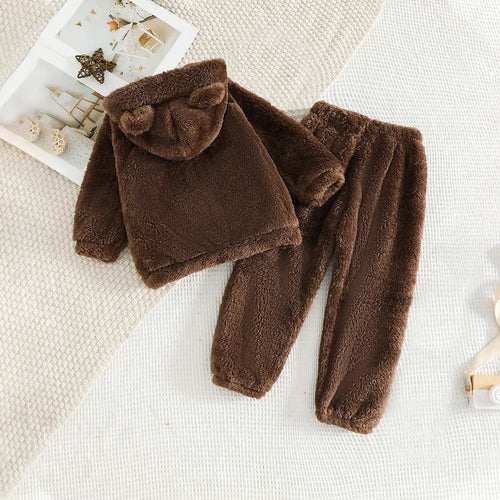 Girls Brown Polar Fleece Hooded Jacket With Jogger Co-ord Sets Sets