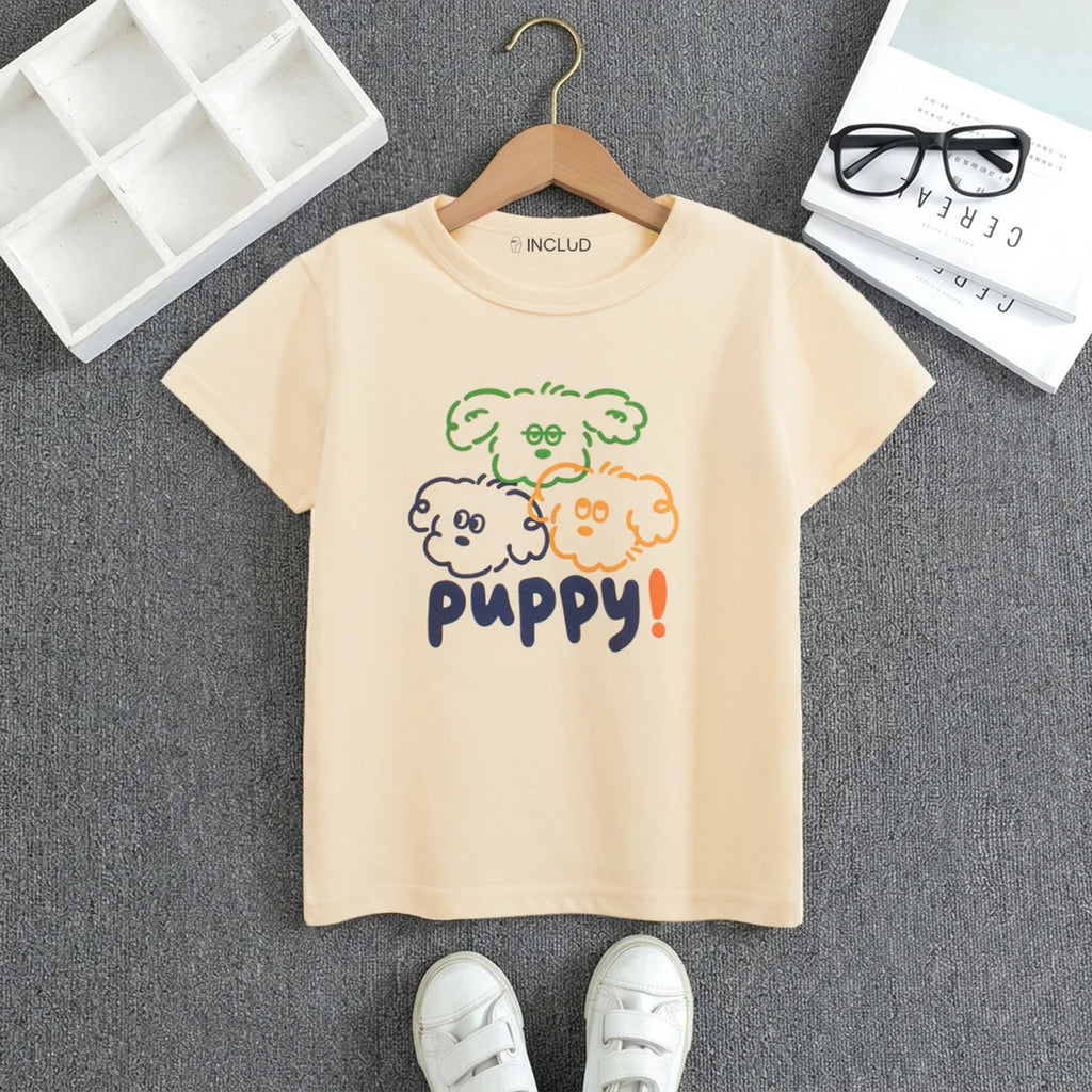 Boys Beige Puppy Print Short Sleeve T-Shirt Tshirts Beige 1-2 Y