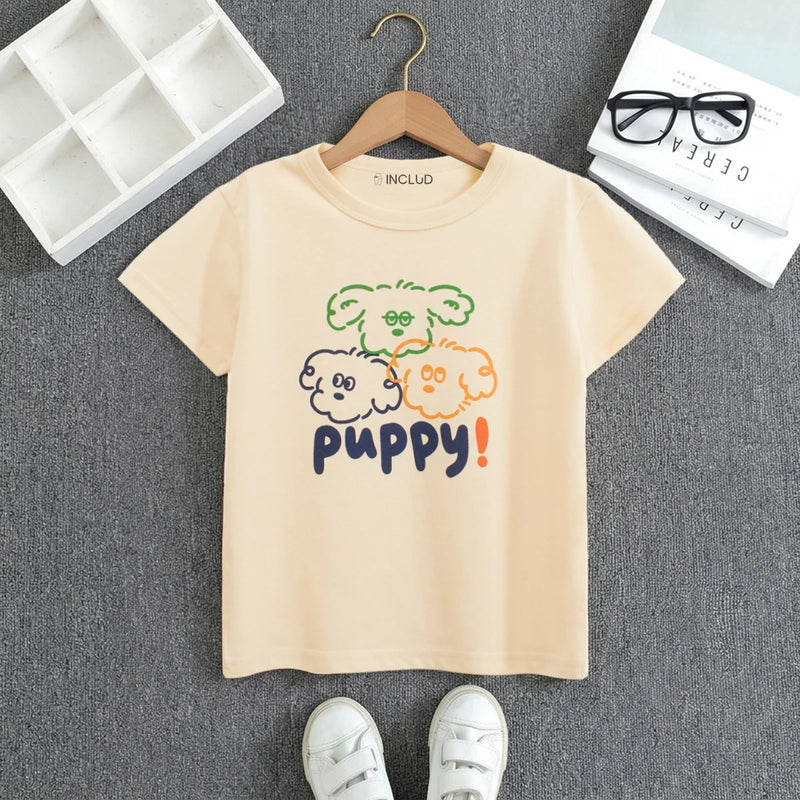 Boys Beige Puppy Print Short Sleeve T-Shirt Tshirts Beige 1-2 Y