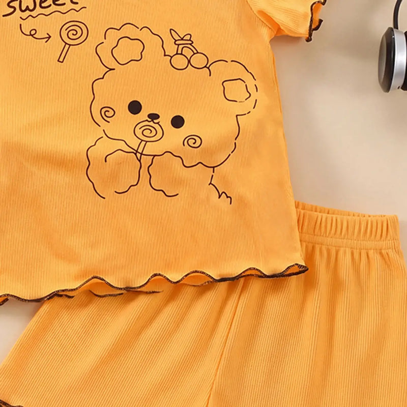 Girls Yellow Bear Graphic Printed Short Sleeve Top With Shorts Sets 2 pc. Sets
