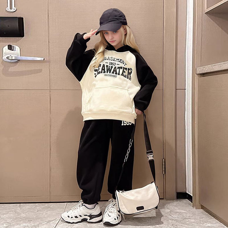 Girls Apricot Typographic Printed Hooded Sweatshirt With Pants Sets 2 pc. Sets Apricot 5-6 Y