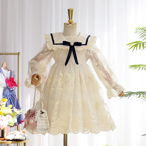 Girls Cream Floral Lace Long Sleeve A-Line Dress Casual Dresses Cream 3-4 Y