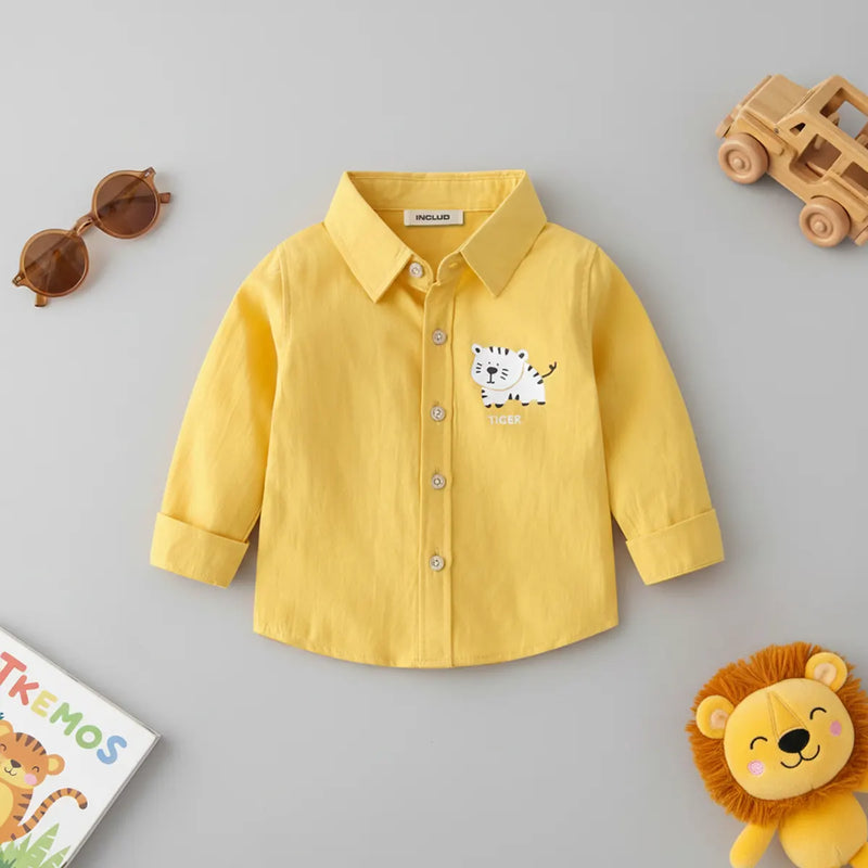 Boys Yellow Tiger Cartoon Printed Long Sleeves Shirts Shirts Yellow 1-2 Y