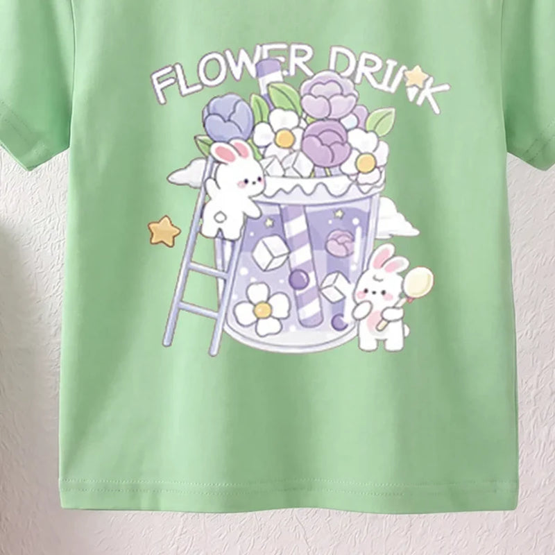 Girls Green Short Sleeve Floral Print T-Shirt Tshirts