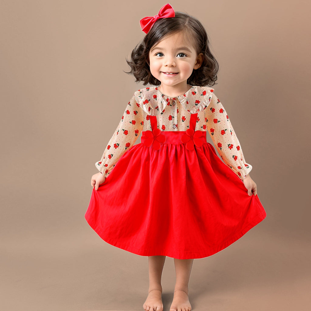 Girls Red Printed Dress With Applique Casual Dresses Red 1-2 Y 