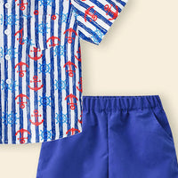 Boys Blue Stripes Short Sleeves Shirt With Shorts Set Sets