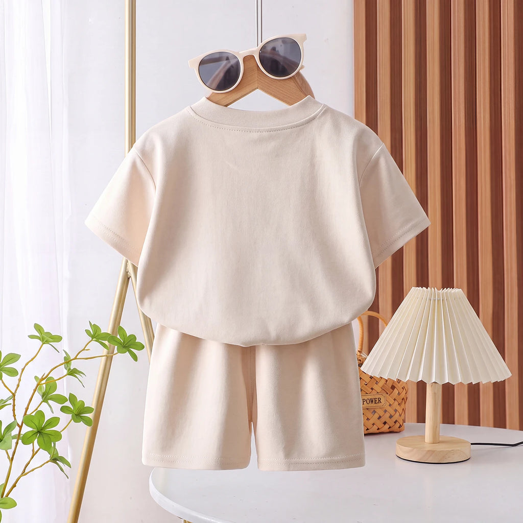 Boys Cream Typography Print T-Shirt With Shorts Sets 2 pc. Sets