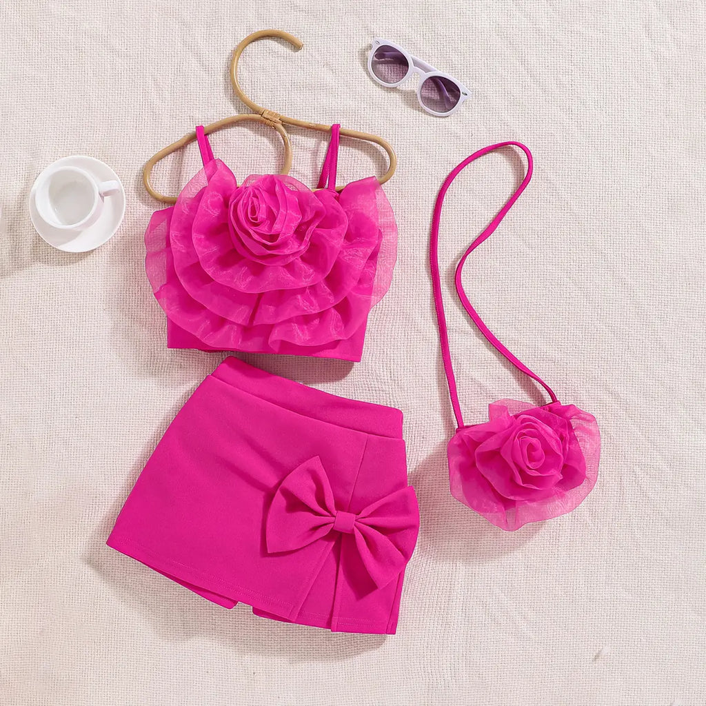 Girls Pink 3D Flower Applique Crop Top With Skorts &Sling Bag Sets Sets Pink 3-4 Y