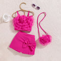 Girls Pink 3D Flower Applique Crop Top With Skorts &Sling Bag Sets Sets Pink 3-4 Y