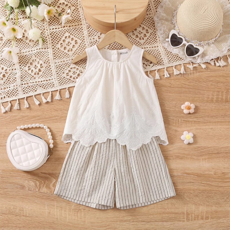 Girls White Sleeveless Scalloped Top With Striped Shorts Sets 2 pc. Sets White 1-2 Y