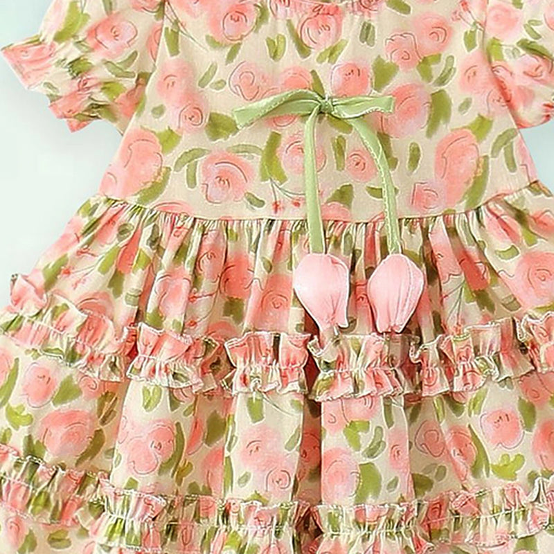 Girls Pink Floral Printed Tiered Fit & Flare Dress Casual Dresses