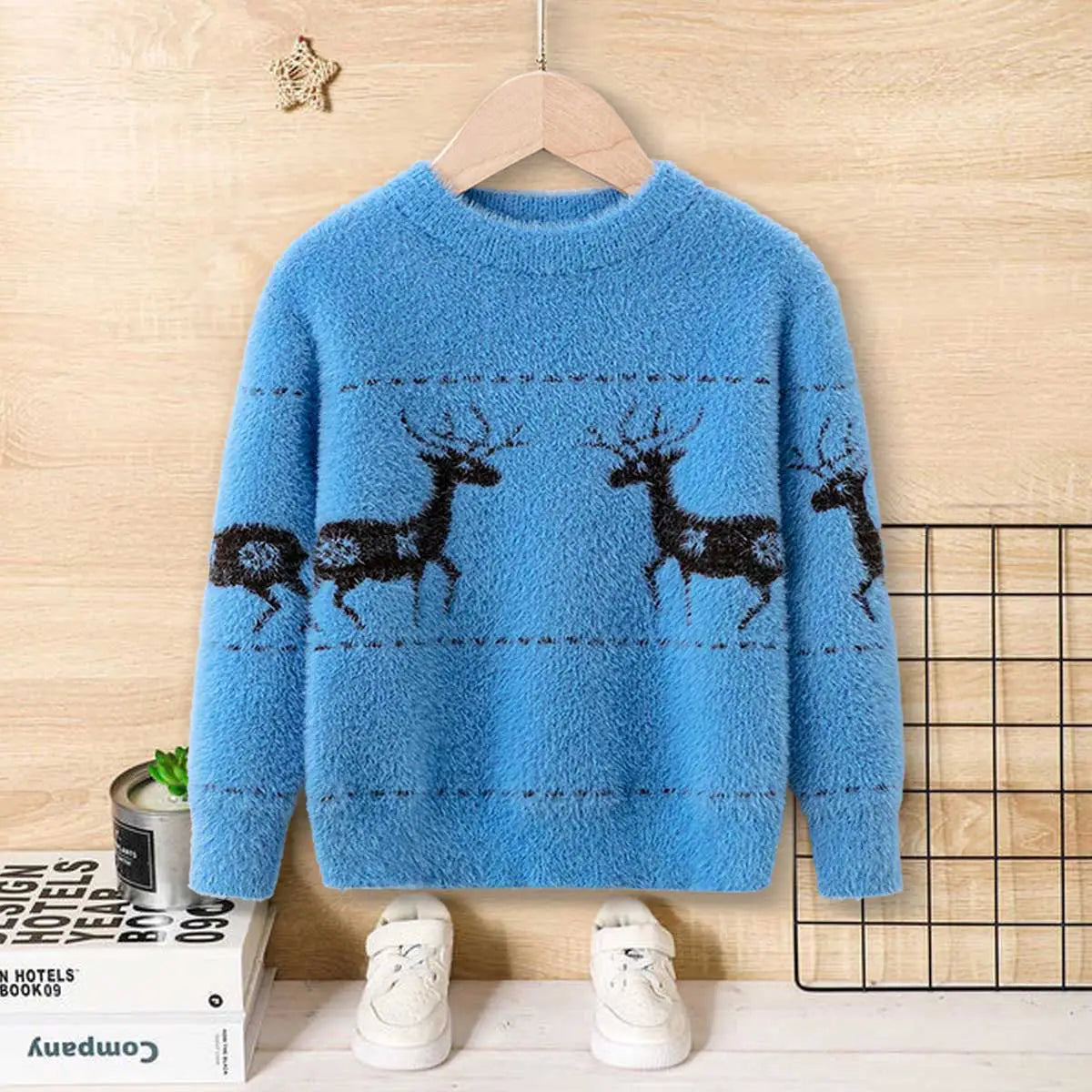 Boys Light Blue Sweater With Self-Design Reindeer Patterns Sweaters & Cardigans Light Blue 2-3 Y
