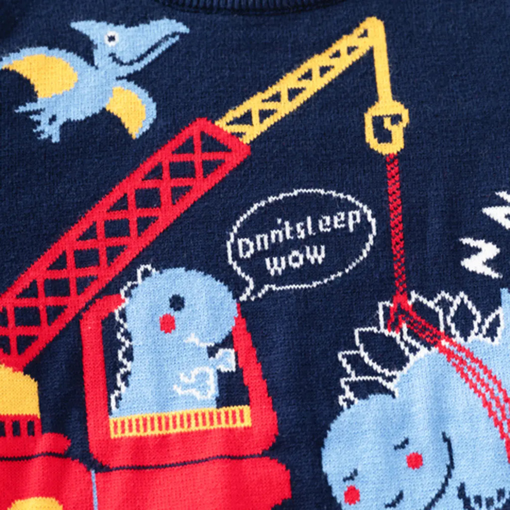 Boys Navy Blue Long Sleeve Dinosaur Cartoon Graphic Sweater Sweaters & Cardigans