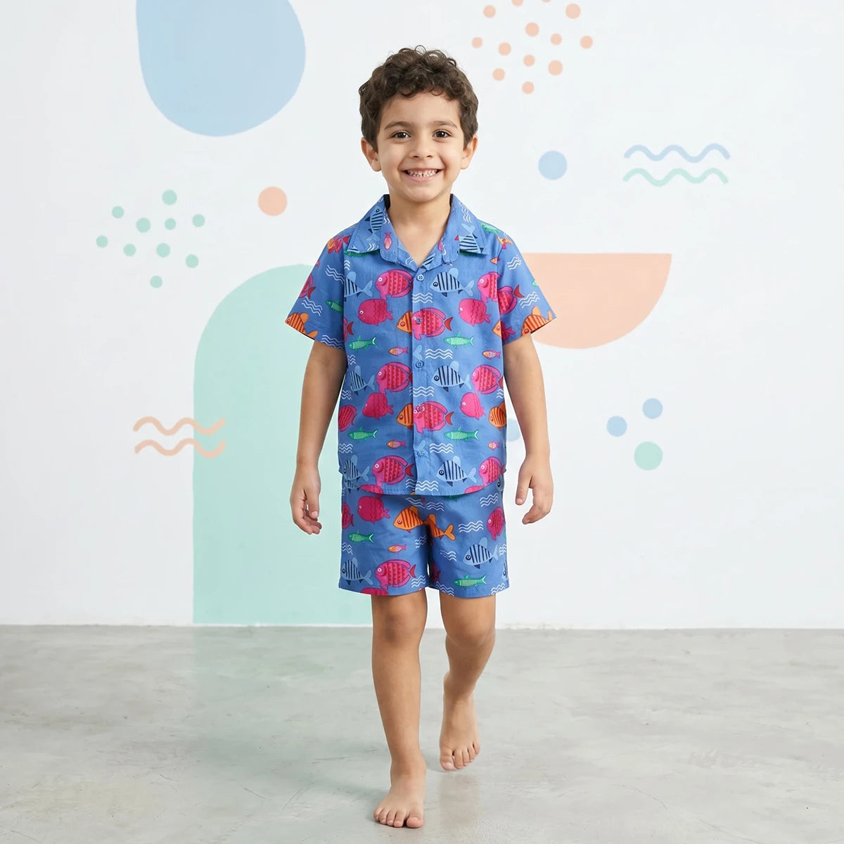 Boys Blue Fish Printed Short Sleeves Shirt With Printed Shorts Sets Sets Blue 6-9 M