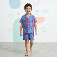 Boys Blue Fish Printed Short Sleeves Shirt With Printed Shorts Sets Sets Blue 6-9 M
