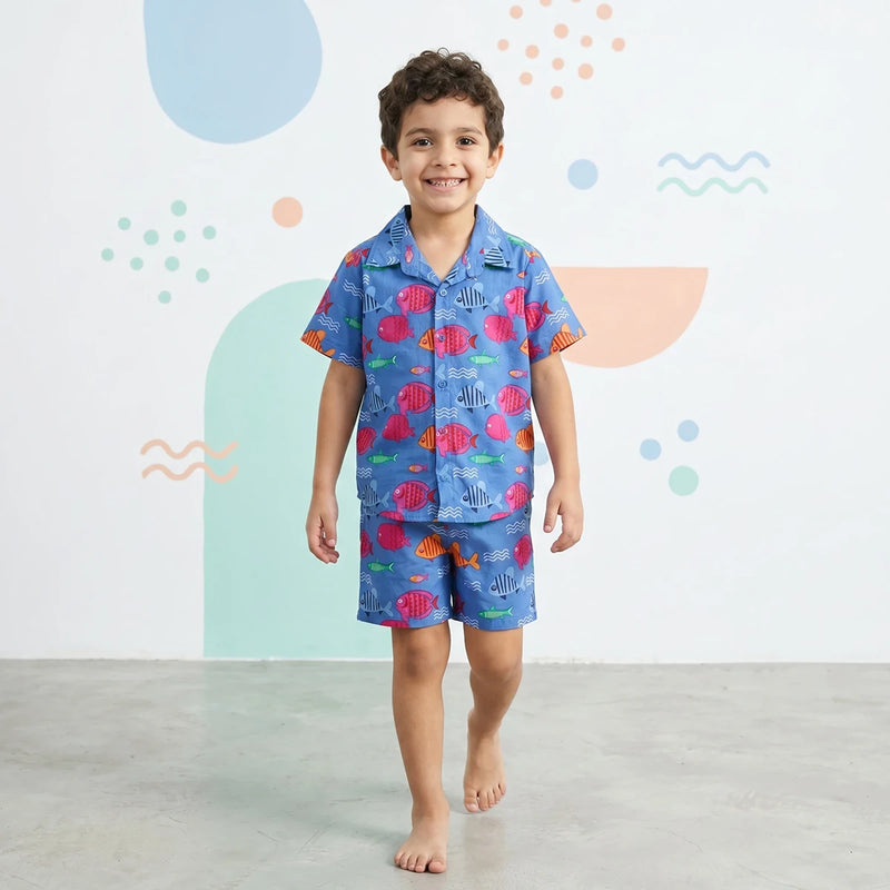 Boys Blue Fish Printed Short Sleeves Shirt With Printed Shorts Sets Sets Blue 6-9 M