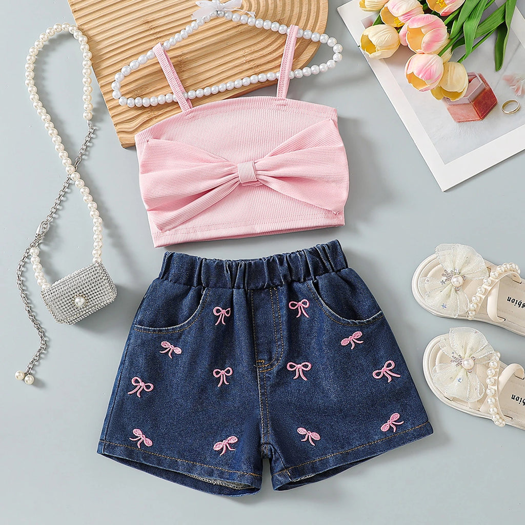 Girls Pink Bow Applique Crop Top With Embroidered Denim Shorts Set Sets Pink 3-4 Y