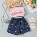 Girls Pink Bow Applique Crop Top With Embroidered Denim Shorts Set Sets Pink 3-4 Y