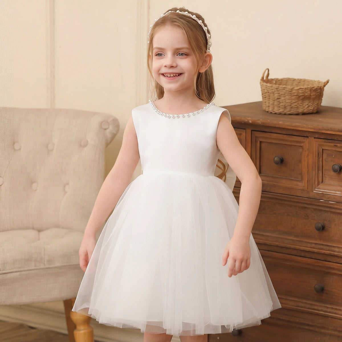 Girls Off White Beaded Neck Sleeveless Fit & Flare Party Wear Dress Party Dresses Off White 2-3 Y