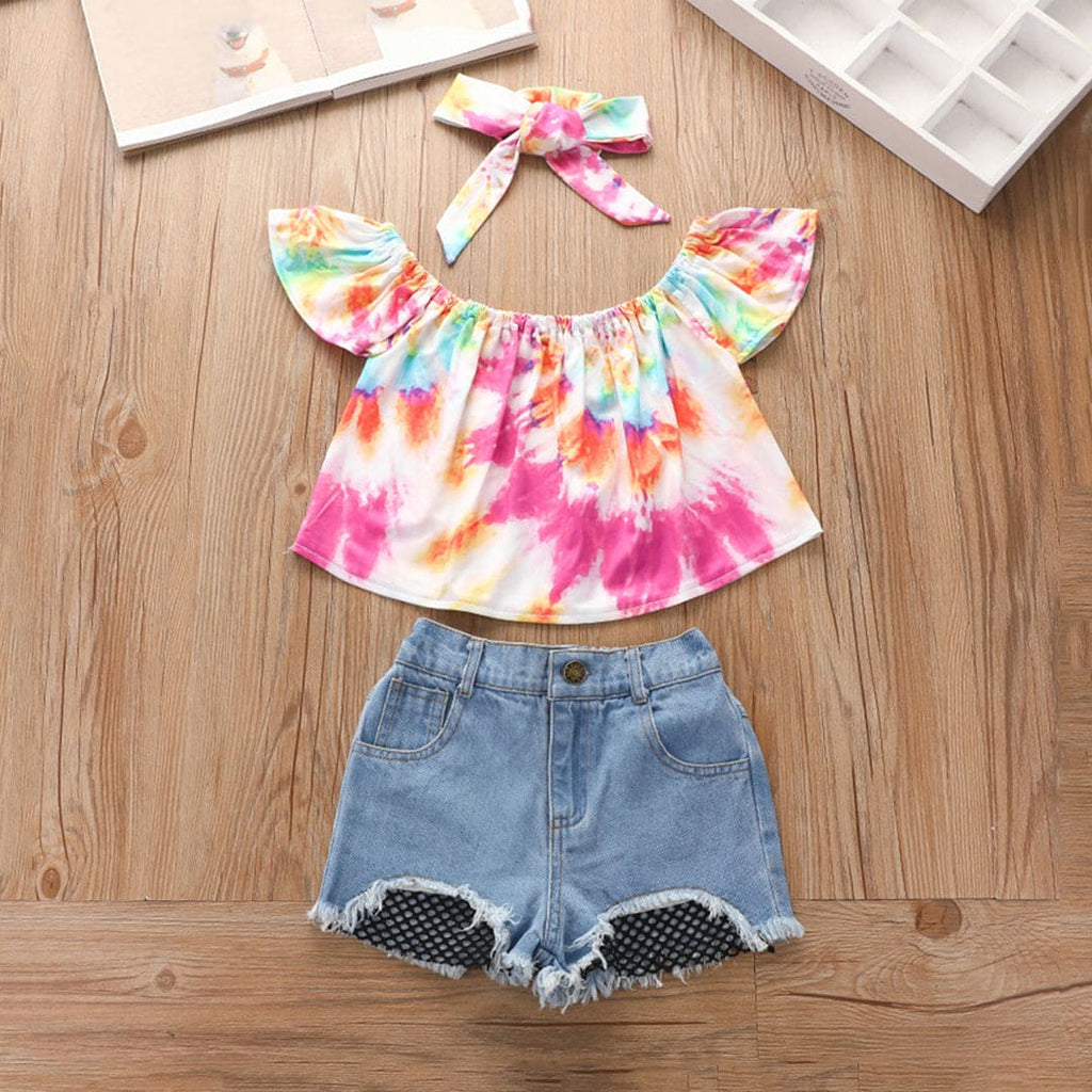 Girls Off shoulder Tie And Dye Top With Denim Shorts