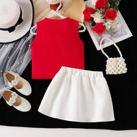 Girls Red Bow Applique Top With Pearl Embellished Skirt Sets 2 pc. Sets