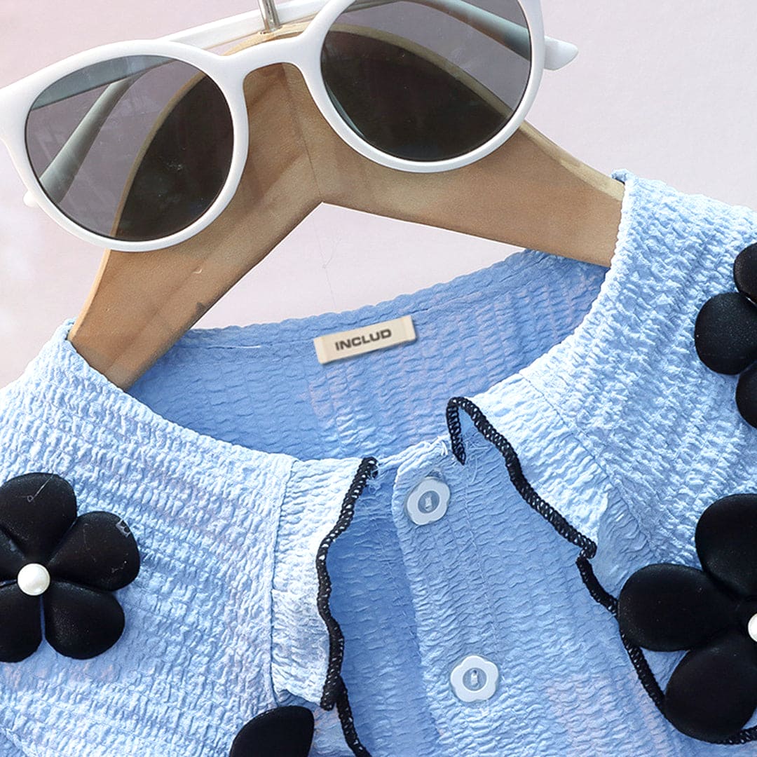 Girls Blue Flower Applique Top With Shorts Set Sets   