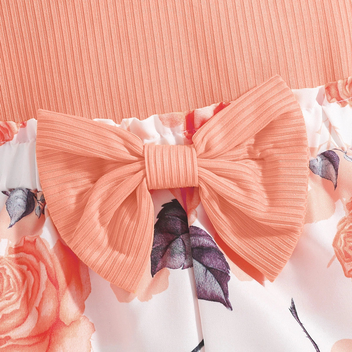 Girls Peach Floral Print Flutter Sleeve Romper Playsuits
