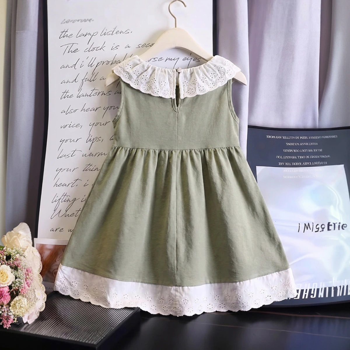 Girls Light Green Sleeveless Fit & Flare Dress With Lace Hem Casual Dresses