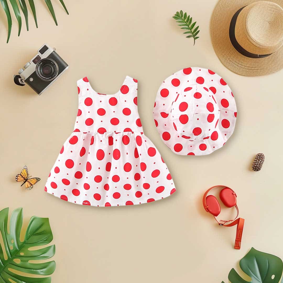 Girls Polka Dot Printed Casual Dress with Hat Casual Dresses Red 1-2 Y 